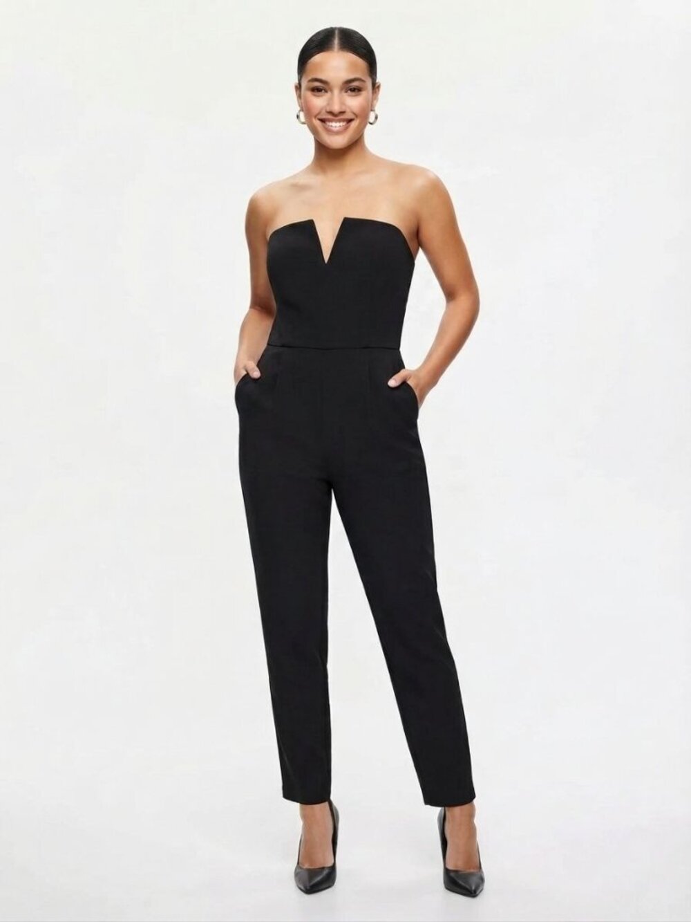 Topshop Black Strapless Sweetheart Plunge Neckline Jumpsuit size US size 10